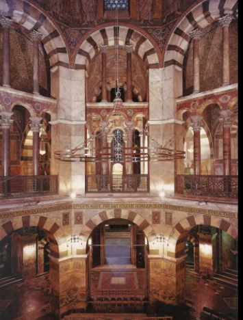 <p>What did Charlemagne construct in Aachen, taking inspiration from the San Vitalis and Roman architecture? Why did he take those elements?</p>