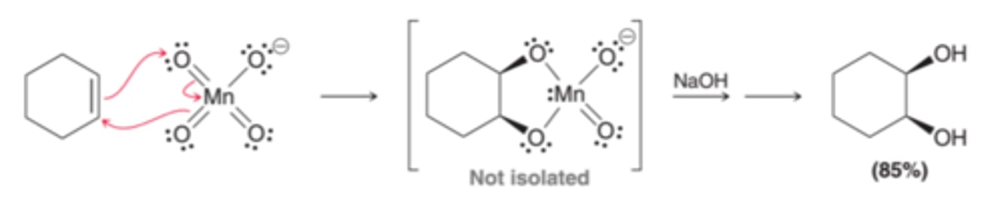 <p>Involves the treatment of alkenes with cold potassium permanganate under basic conditions. This is a concerted process that adds both oxygen atoms simultaneously across the double bond</p>