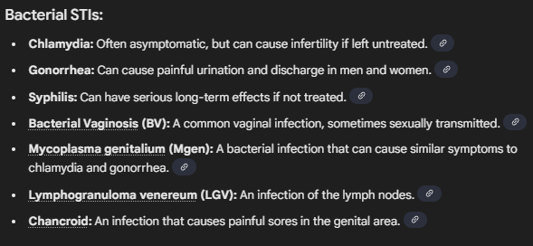 <ol><li><p>chlamydia </p></li><li><p>gonorhea</p></li><li><p>syphilis </p></li><li><p>bacterial vaginosis (BV) </p></li><li><p>mycoplasma genitalium (Mgen)</p></li><li><p>lymphogranuloma venereum (LGV) </p></li><li><p>chancroid </p></li></ol><p></p>