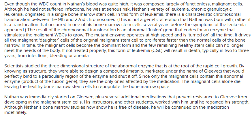 <p><span style="font-size: medium;">The medication Gleevec brings about the death of malignant cells in the bone marrow in CGL, but spares the healthy ones because</span></p><ul><li><p></p></li><li><p><br>Gleevec is radioactive, and when it is taken up by the malignant cell it discharges its radioactive energy killing the cell.</p></li><li><p>Geelvec was specifically designed to bind to the novel enzyme (product of the fusion gene) that is found only in the malignant cells, and by halting its action the malignant cells stop proliferating and die.</p></li><li><p>Gleevec interferes with vitamin and nutrient uptake by the malignant cells, thus leading to their death.</p></li></ul><p><br></p>