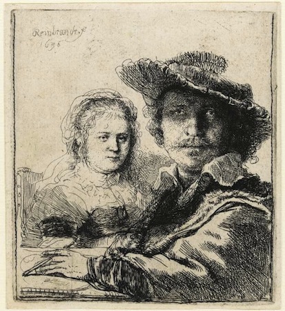 <ul><li><p><u><strong>Content</strong></u></p><ul><li><p>Rembrandt is seen drawing or perhaps making an etching.</p></li><li><p>Saskia is seated deeper into the work, but is very noticeable because she is portrayed with a lighter touch.</p></li></ul></li><li><p><u><strong>Function</strong></u>: Not for general sale but for private purposes.</p></li><li><p><u><strong>Context</strong></u></p><ul><li><p>The scene depicts the 30-year-old Rembrandt with his new bride.</p></li><li><p>This is the only image of Rembrandt with his wife together in an etching.</p></li><li><p>Images of Saskia are abundant in Rembrandt’s output; she was a source of inspiration for him.</p></li><li><p>Marital harmony; Saskia as a muse who inspires him.</p></li><li><p>Characteristic of Rembrandt: they are wearing fanciful, not contemporary, dress.</p></li><li><p>Saskia was the mother of four.</p></li><li><p>Rembrandt’s self-portraits included 50 paintings, 32 etchings, and 7 drawings.</p></li></ul></li></ul>