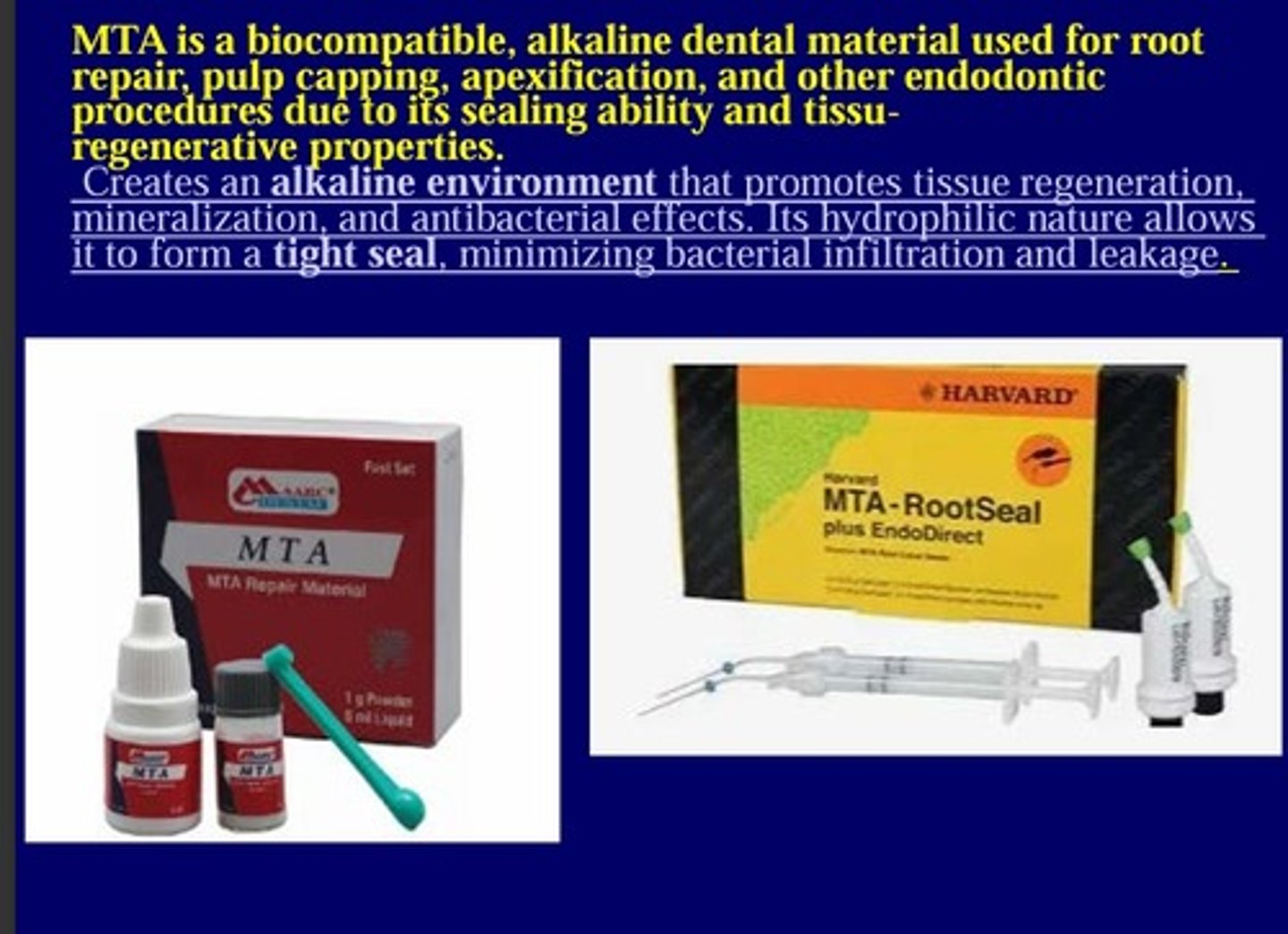 <p>MTA creates an alkaline nevironment that promotes tissue regeneration, mineralization, and antibacterial effects. Its hydrophilic nature allows it to form a tight seal, minimizing bacterial infiltration and leakage.</p>