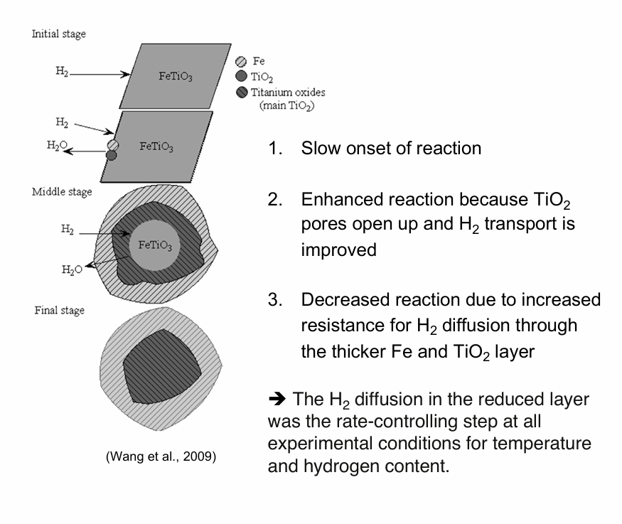 <ol><li><p>Diffusion of the reactant through a product TiO2 layer</p></li><li><p>Reaction with the ileminite core</p></li><li><p>Diffusion of iron out of the TiO2 pores</p></li><li><p>Formation of metallic iron outside the ileminite grains</p></li></ol><p></p><p></p>