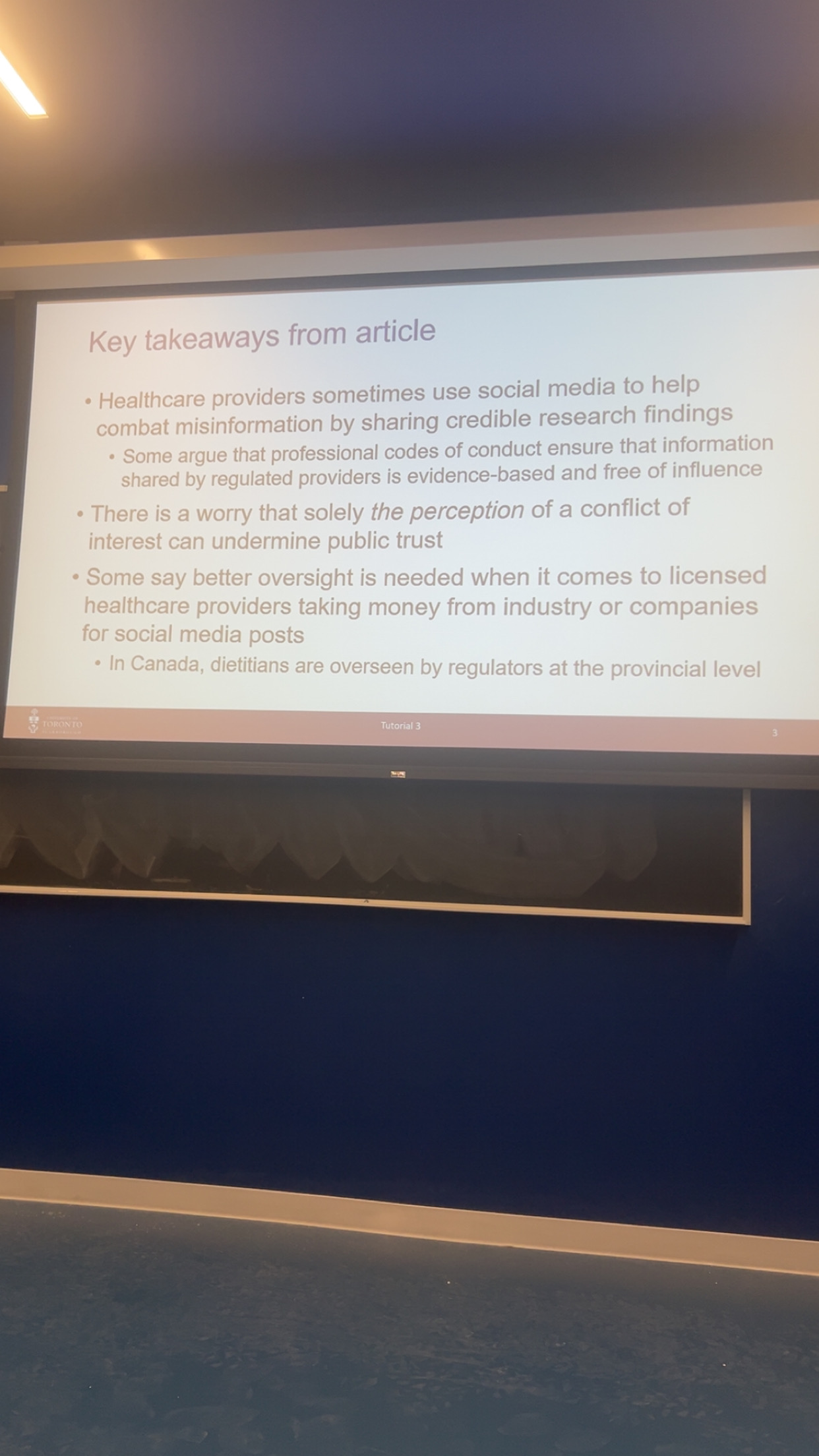 <ul><li><p>Healthcare providers sometimes use social media to help combat misinformation by sharing credible research findings</p><ul><li><p>Some argue that professional codes of conduct ensure that information shared by regulated providers is evidence-based and free of influence </p></li></ul></li><li><p>There is no worry that solely the preception of conflict of interest can undermine public trust </p></li><li><p>Some say better oversight is needed when it comes to licensed healthcare providers taking money from industry or companies for social media posts </p><ul><li><p>In Canada, dietitians are overseen by regulators at the provincial level</p></li></ul></li></ul><p></p>