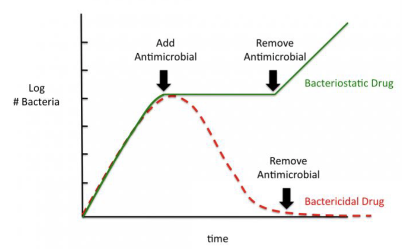 <p>bactericidal: kill microbes directly</p><p>bacteriostatic: prevent microbes from growing (pause of growth until it’s removed again) </p>