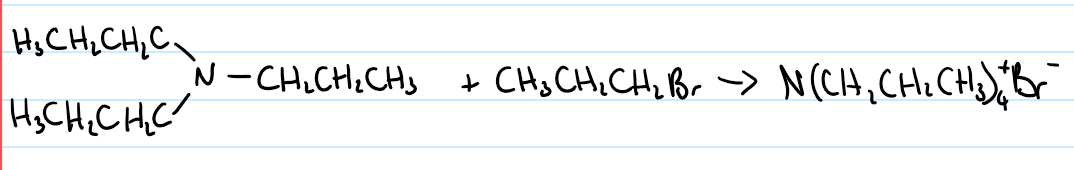 <p>tertiary amine reactions with haloalkane</p><p>cannot be reacted further as no more hydrogens to lose and remains as a salt</p>