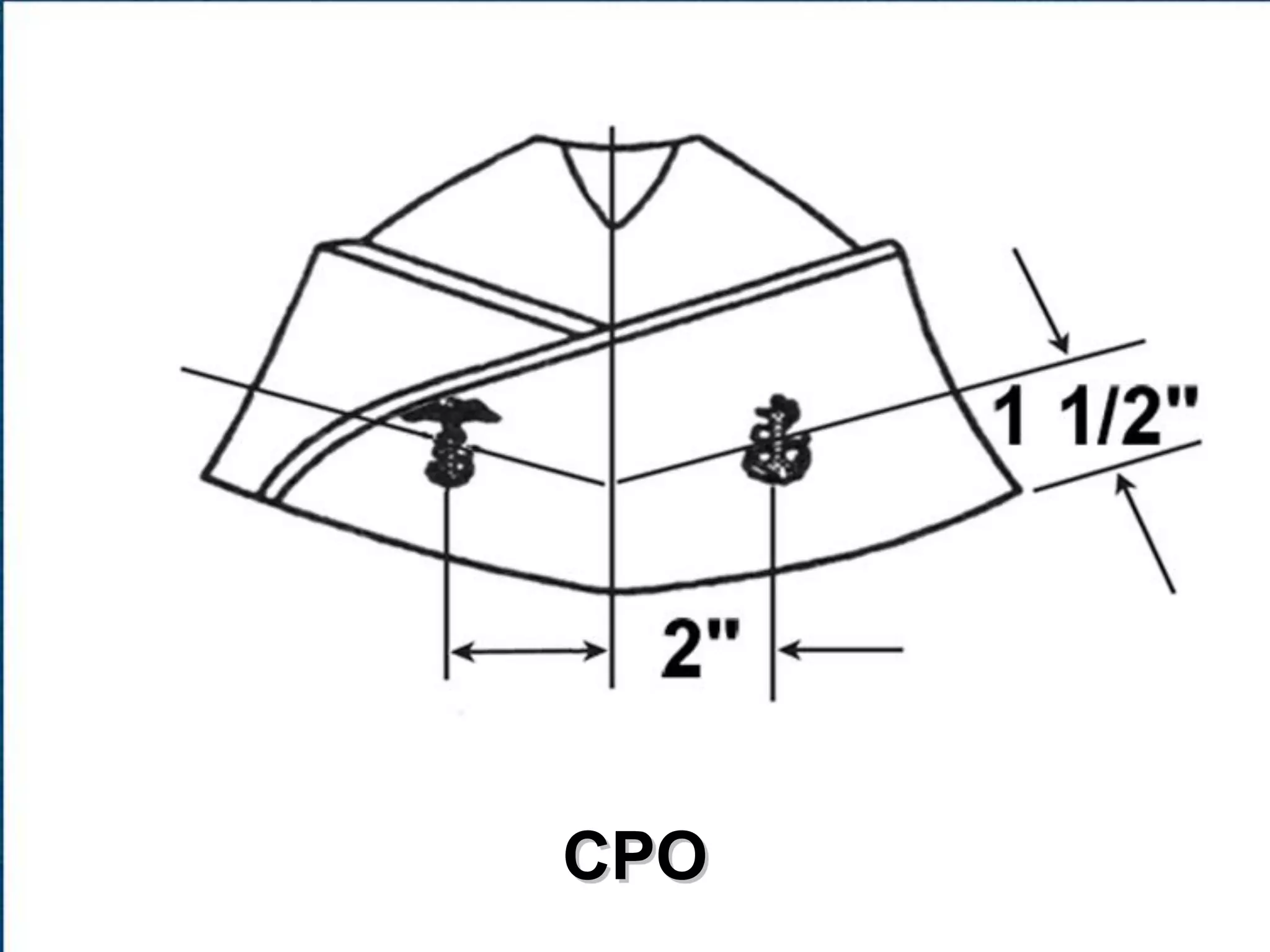 <p>What are the measurements for the fouled anchor on the Garrison Cap</p>