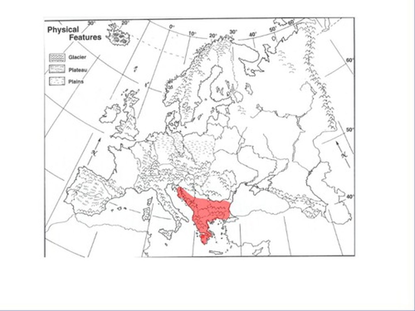 <p>Large peninsula in Southeastern Europe that includes, Albania, Bosnia and Herzegovina, Bulgaria, Croatia, Greece, Kosovo, Macedonia, Montenegro, Romania, Serbia, Slovenia, and Turkey</p>