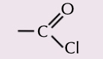 <p>Cl-C=O, CnH2n-1OCl, -oyl chloride, eg ethanol chloride</p><p>carboxylic acid derivatives</p><p>easily lose their chlorine</p>