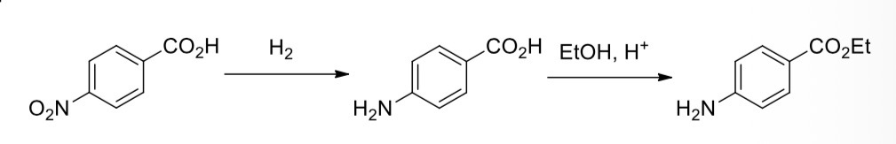 <p>4-nitrobenzoic acid —> 4-aminobenzoic acid</p><ul><li><p><mark data-color="yellow" style="background-color: yellow; color: inherit;">Reduction</mark> of the <strong>nitro group</strong> in 4-nitrobenzoic acid </p></li><li><p>Using <mark data-color="green" style="background-color: green; color: inherit;">tin metal</mark> in the presence of <mark data-color="green" style="background-color: green; color: inherit;">hydrochloric acid </mark></p></li></ul><p></p>
