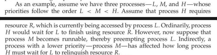 * a scheduling problem when a lower-priority process holds a lock and edits kernel data that’s needed by a higher-priority process to modify the same data
* the higher-priority process has to wait for the lower-priority process and the lower process affects how long the higher process has to wait 