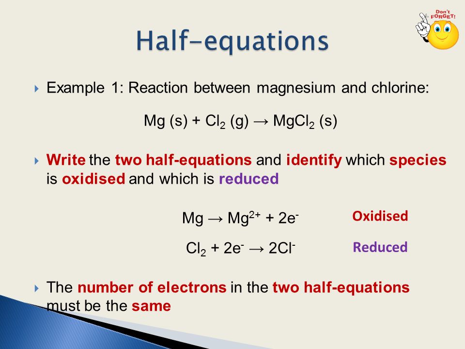 <p>A full chemical equation can be split into 2 half equations; one showing the oxidation and one showing the reduction.</p>