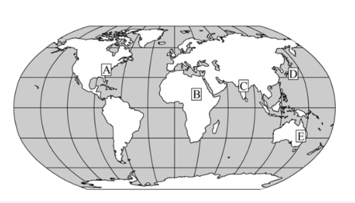 <p>On the map above, which of the following boxes is in an area where the population density is high and the level of economic development is low?</p>