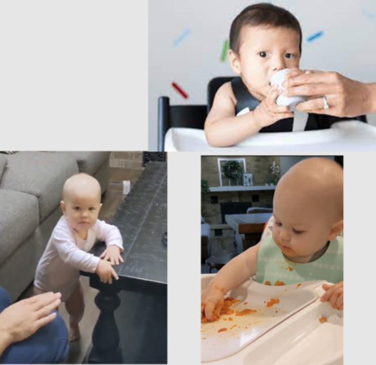 <ul><li><p><strong><mark data-color="purple" style="background-color: purple; color: inherit">grasp:</mark></strong></p><ul><li><p><strong><mark data-color="yellow" style="background-color: yellow; color: inherit">cube:</mark></strong><mark data-color="yellow" style="background-color: yellow; color: inherit"> radial digital (matured)</mark></p></li><li><p><strong><mark data-color="yellow" style="background-color: yellow; color: inherit">pellet:</mark></strong><mark data-color="yellow" style="background-color: yellow; color: inherit"> fine </mark><strong><mark data-color="yellow" style="background-color: yellow; color: inherit">pincer </mark></strong><mark data-color="yellow" style="background-color: yellow; color: inherit">grasp (matured)</mark></p><ul><li><p>10ms: pincer grasp</p></li><li><p>12ms: fine pincer grasp</p></li></ul></li></ul></li><li><p><strong><mark data-color="purple" style="background-color: purple; color: inherit">feeding:</mark></strong></p><ul><li><p><strong>finger feeds </strong>self</p></li><li><p><strong>dips spoon</strong></p></li><li><p><strong><em><mark data-color="yellow" style="background-color: yellow; color: inherit">rotary chewing</mark></em></strong></p></li></ul></li><li><p style="text-align: left"><strong><mark data-color="purple" style="background-color: purple; color: inherit">bilateral hand use</mark></strong></p><ul><li><p style="text-align: left">use both hands for different fxns</p></li></ul></li><li><p style="text-align: left"><strong><mark data-color="purple" style="background-color: purple; color: inherit">manipulation:</mark></strong></p><ul><li><p style="text-align: left">points with index finger</p></li><li><p style="text-align: left">puts <strong>3+ objects INTO</strong> container</p></li></ul></li><li><p><strong><mark data-color="purple" style="background-color: purple; color: inherit">writing:</mark></strong></p><ul><li><p>begins to <strong>scribble w/no intent</strong> using <strong>palmar supinate</strong></p></li></ul></li></ul><p></p>