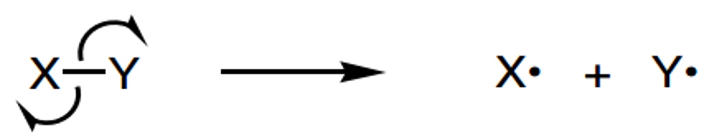 <p>- when a single bond breaks and one electron goes to each atom to form radicals</p><p>- eg free radical substitution</p>