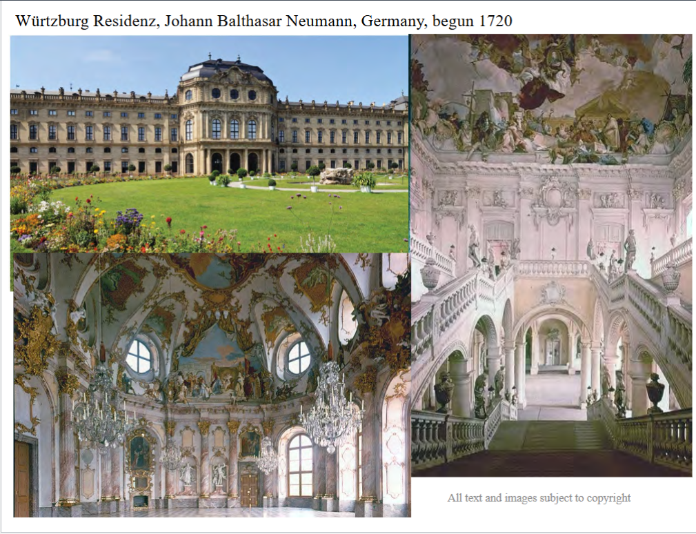 <p>4. Who commissioned Neumann to build the Würtzburg Residenz? What was the purpose of this building? What</p><p>style of architecture and interior decoration can be found inside the building? Who painted many of the original</p><p>frescoes and how do they speak to the purpose of the building? How have the events of the 20th century affected this</p><p>building? [Lecture, Buildings Across Time, pp. 340, 363-364]</p>