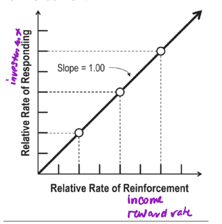 <p>• Relative rate of responding varies or matches</p><p>-	Note that this assumes animals are comparing one reinforcement source to another</p><p>-	How good is alternative 1 in comparison to alternative 2</p><p>• Basic assumption: animals match the relative rate of responding to the relative rate of reinforcement</p><p>• biomechanical cost (spending of energy) and opportunity cost of not doing anything else while in patch, nature is economical</p><p>• think of any biological choice as one with a cost associated with it, always comes with at least an opportunity cost</p>