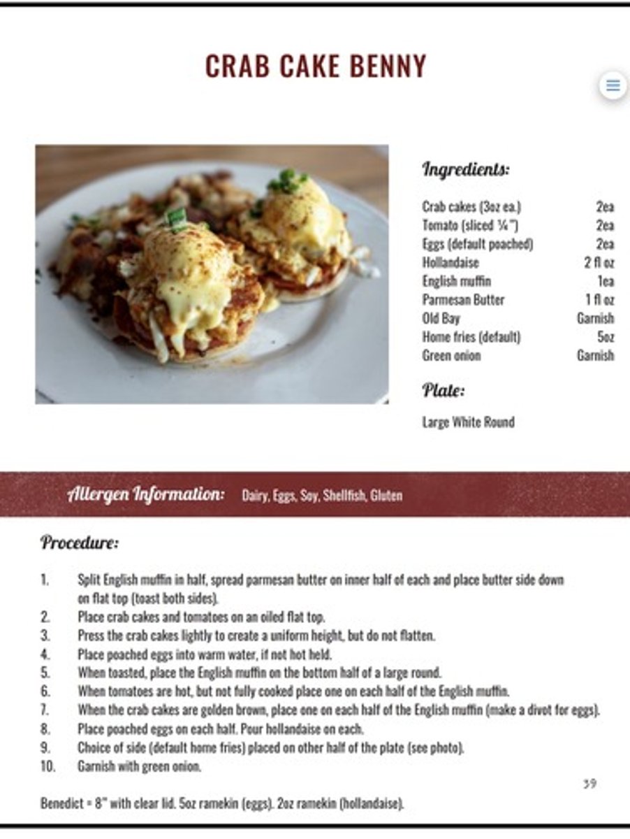 <p>lump crab cake/poached egg/English muffin/Parmesan butter/grilled tomato/hollandaise/Old Bay 23.95</p>