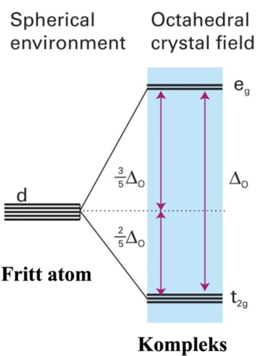 <p>dz2 og dx2-xy</p><p>= høyere energi</p><p>dxy, dxz og dyz</p><p>= lavere energi</p>