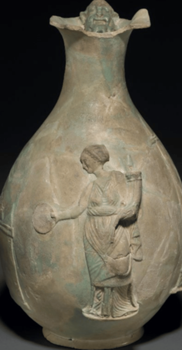 <p>ca. 280-270 BCE, from Alexandria, London, British Museum, inscribed w Arsinoe II's name and "Agathes tuches Arsinoes Philadelphou" (good fortune of Arsinoe Philadelphos)</p>