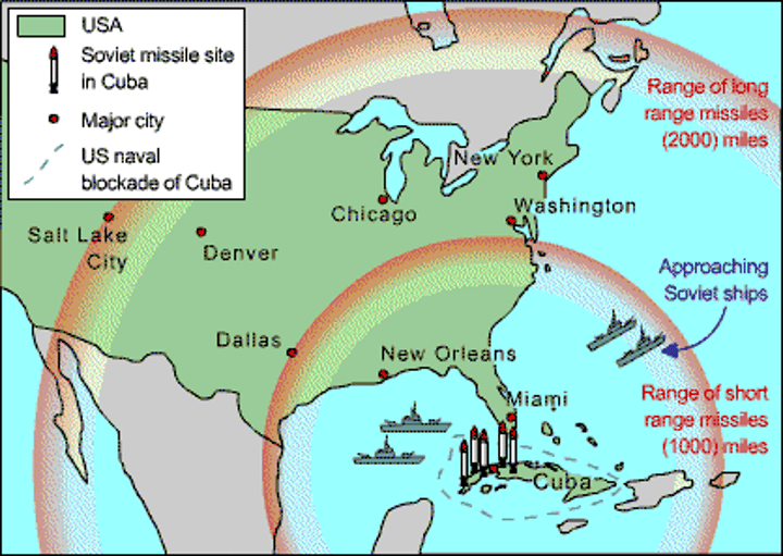 <p>A n international crisis in October 1962, the closest approach to nuclear war at any time between the U.S. and the USSR. When the U.S. discovered Soviet nuclear missiles on Cuba, President John F. Kennedy demanded their removal and announced a naval blockade of the island; the Soviet leader Khrushchev acceded to the U.S. demands a week later. When the Soviet Union placed nuclear arms in Cuba the US was threatened. This initiated a stalemate between the Soviet Union and the US because each had the power to destroy each other.</p>