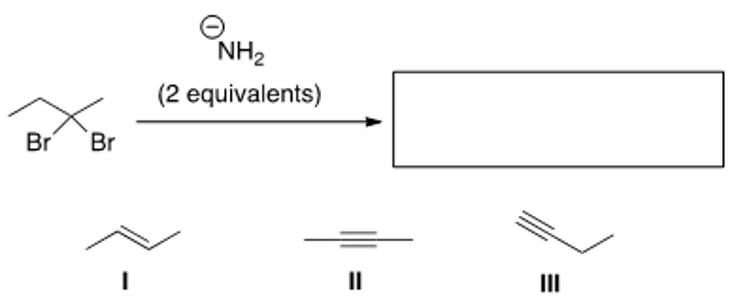 <p>What is the product of the following reaction?</p><p>A) Only I</p><p>B) Only II</p><p>C) Only III</p><p>D) II and III</p>