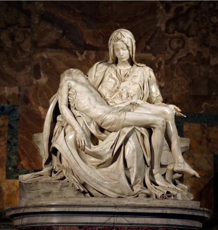 <p>Michelangelo’s <em>Pieta</em>, 1498-1500, Marble statue. <span>Commissioned by a French cardinal for his funeral chapel in the Old Saint Peter’s church in Rome.</span><br><span>A Pietá (meaning pity or compassion), which refers to the image of the Virgin cradling the body of her dead son, was a more popular subject in northern Europe. The understated emotion and technical skill (note how the texture of the skin and the weight of the figure of Christ are conveyed), apparent in this early work, established Michelangelo’s career.</span><br></p>