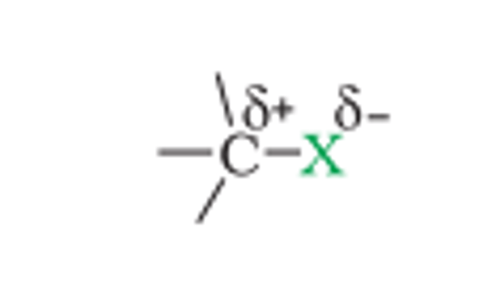 <p>- Halogen atoms are more electronegative <br>- So, carbon-halogen bond of alkyl halide is polarized<br>- Carbon gets partial positive charge <br>- Halogen atom gets partial negative charge<br>- Then splits into carbocation (C⁺) + nucleophile (X⁻)</p>