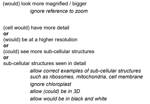 <ol><li><p>Would look more magnified</p></li><li><p>Sub-cellular structures can be seen in detail</p></li></ol><p></p>