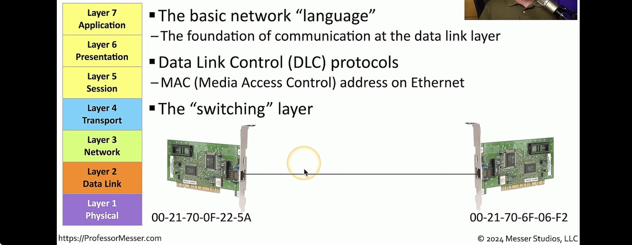 <p>Media access control defines how packets are placed on the media.</p><p>logical link control is responsible for identifying network layer protocols and then encapsulating them an LLC header to find out where the packet is destined. The Data Link layer formats the message into pieces, each called a data frame, and adds a customized header containing the destination and source hardware addresses. <span>The Data Link layer provides the physical transmission of the data and handles error notification, network topology, and flow control.</span></p>