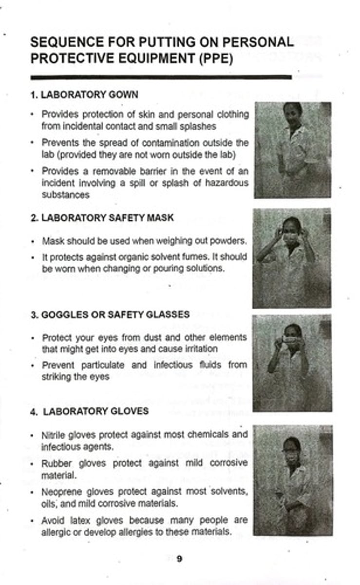 <p>Items such as laboratory gowns, safety goggles, gloves, and masks that must be worn to ensure safety during experiments.</p>