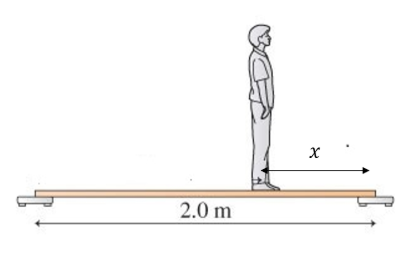 <p><span>A 2.0 m long, rigid board with negligible mass rests on a bathroom scale at each end. A person of mass 52&nbsp;kg&nbsp;stands at a distance of x =0.57&nbsp; m from the right end.&nbsp;What does the left scale read in newtons?</span></p>