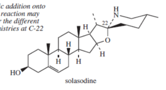 <ul><li><p>Solanum tuberosum (Solanaceae)</p></li><li><p>Highest alk %: flowers, sprouts </p></li><li><p>Lowest alk %: tubers </p></li><li><p>Major: solasodine, alpha-chaconine </p></li><li><p>poisonous, greenish coloration in tubers </p></li><li><p>AChE &amp; BuChE inhibitors </p></li><li><p>Cell membrane disruptor, teratogenic, neurotoxic</p></li></ul>