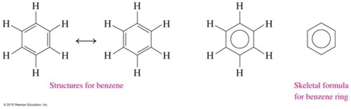 <p>Benzene consists of a six-carbon ring with alternating double bonds and has the molecular formula C6H6.</p>