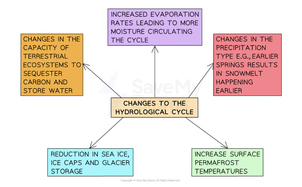 <p>If precipitation falls as rain and not snow in winter, winter floods can be expected. </p><p>A glaciers retreat (melt more than they form each year) there will be an increase in river discharge. </p>
