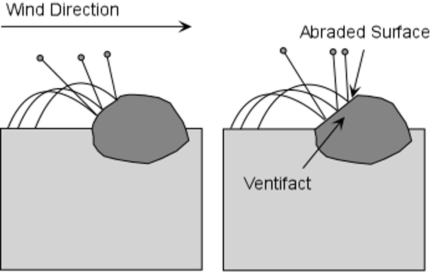 <p>- stones with sides (facets) that have been abraded by wind driven sand.</p><p>- a result of abrasion</p><p>- found in areas of little vegetation and frequent strong winds</p>