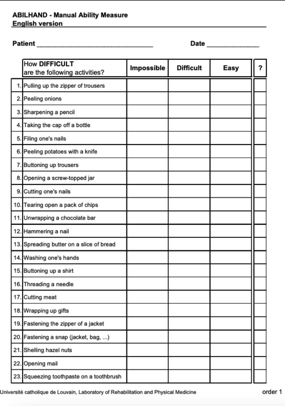 <p><strong><u>subjective measure</u></strong></p><ul><li><p>Valid and reliable <strong><u>interview-based tool</u></strong> that <strong><u>measures participants’ perceived difficulty with the ***use of their arm and hands in</u></strong> 23 ***<strong><u>bimanual tasks</u></strong></p><ul><li><p><strong><u>hint:</u></strong> <strong><u>BIL, HAND</u></strong> ==&gt; <strong><u>use of BILateral HAND tasks; ABIL</u></strong> ==&gt; see <strong><u>participant's subjective perception of what they’re ABLE to do</u></strong></p></li><li><p><em>e.g., wrapping a gift, tying a shoelace</em></p></li></ul></li><li><p><strong><u>Arthritis, CP, MS, stroke, limb loss</u></strong></p></li><li><p><strong><u>Score: Impossible=0, difficult=1, easy=2, N/A=missing data&nbsp;</u></strong></p><ul><li><p><strong><u>subjective information&nbsp;</u></strong></p></li></ul></li><li><p><strong><u>Enter data into the website for results by diagnosis</u></strong></p></li></ul><p></p>