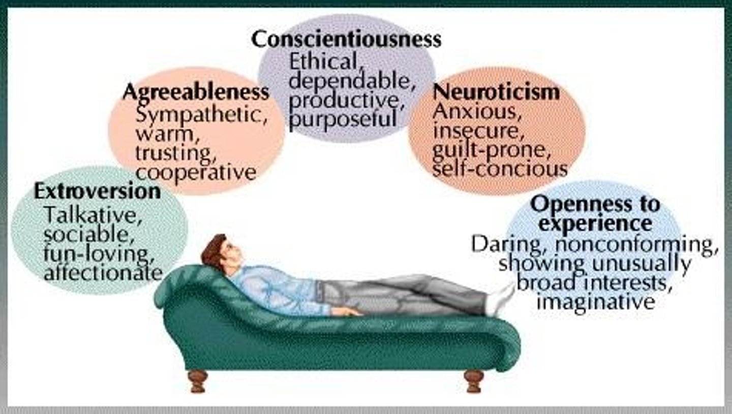 <p>1. Extraversion 2. Neuroticism 3. Conscientiousness 4. Agreeableness 5. Openness.</p>