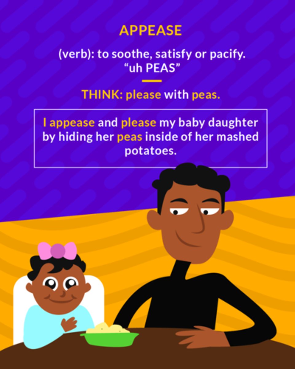 <p>(v.) to make calm, soothe; to relieve, satisfy; to yield to</p><p>(v.) to calm someone down by giving them what they want</p>