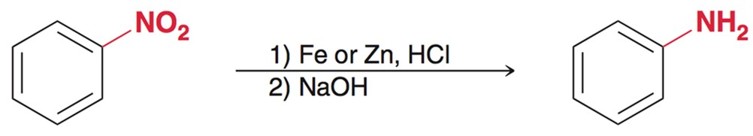 <p>Using Fe or Zn, along with HCL and a strong base, usally NaOH forms Aniline a type of amine. </p>