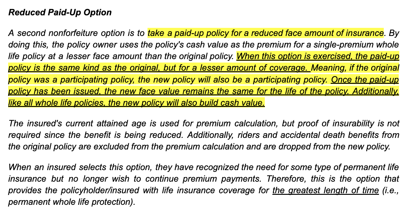 <p>Which situation accurately describes a reduced paid-up nonforfeiture option?</p><ul><li><p>Policy has a decreased face amount</p></li><li><p>Face amount of the new policy equals that of the original policy</p></li><li><p>Cash value is surrendered to policyowner</p></li><li><p>Premiums must continue to be paid</p></li></ul>