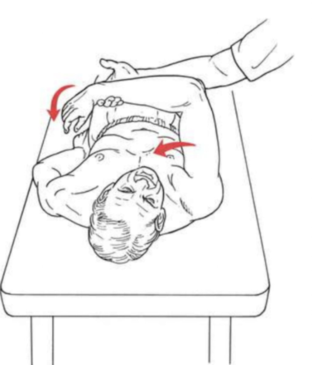 <p>pec major- upper (clavicular) lower (sternum)</p><p>-Position: Supine, shoulder abducted to 90, elbow flexed to 90 (transverse plane)</p><p>Instruction: (point hand in direction you're testing)</p><p>upper: toward opposite ear (diagonal)</p><p>lower: pointing downward to opposite hip (toward sternum)</p><p>together: move arms across chest</p><p>2/5: taking the weight of the arm </p><p>3/5: completes available rom in all 3, w/ no resis</p><p>4/5: holds position with strong/moderate resistance, muscle "give" at end rom</p><p>5/5: holds test position against max resis</p>