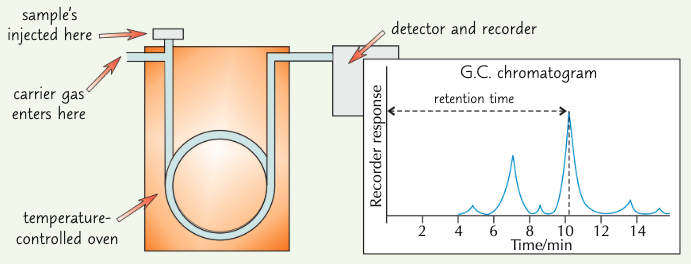 <ul><li><p>sample injected - when gas begins to flow, some components flow along w/ gas</p></li><li><p>this is when mixture begins to separate - some is retained by oil</p></li><li><p>components leave the column (usually a coiled tube) at different times depending on their retention - retention time</p></li></ul><p></p>