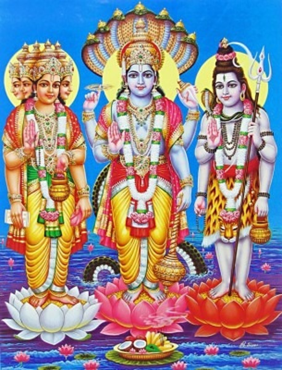 <p>"Three forms" of the divine; the three gods Brahma, Vishnu, and Shiva.</p>