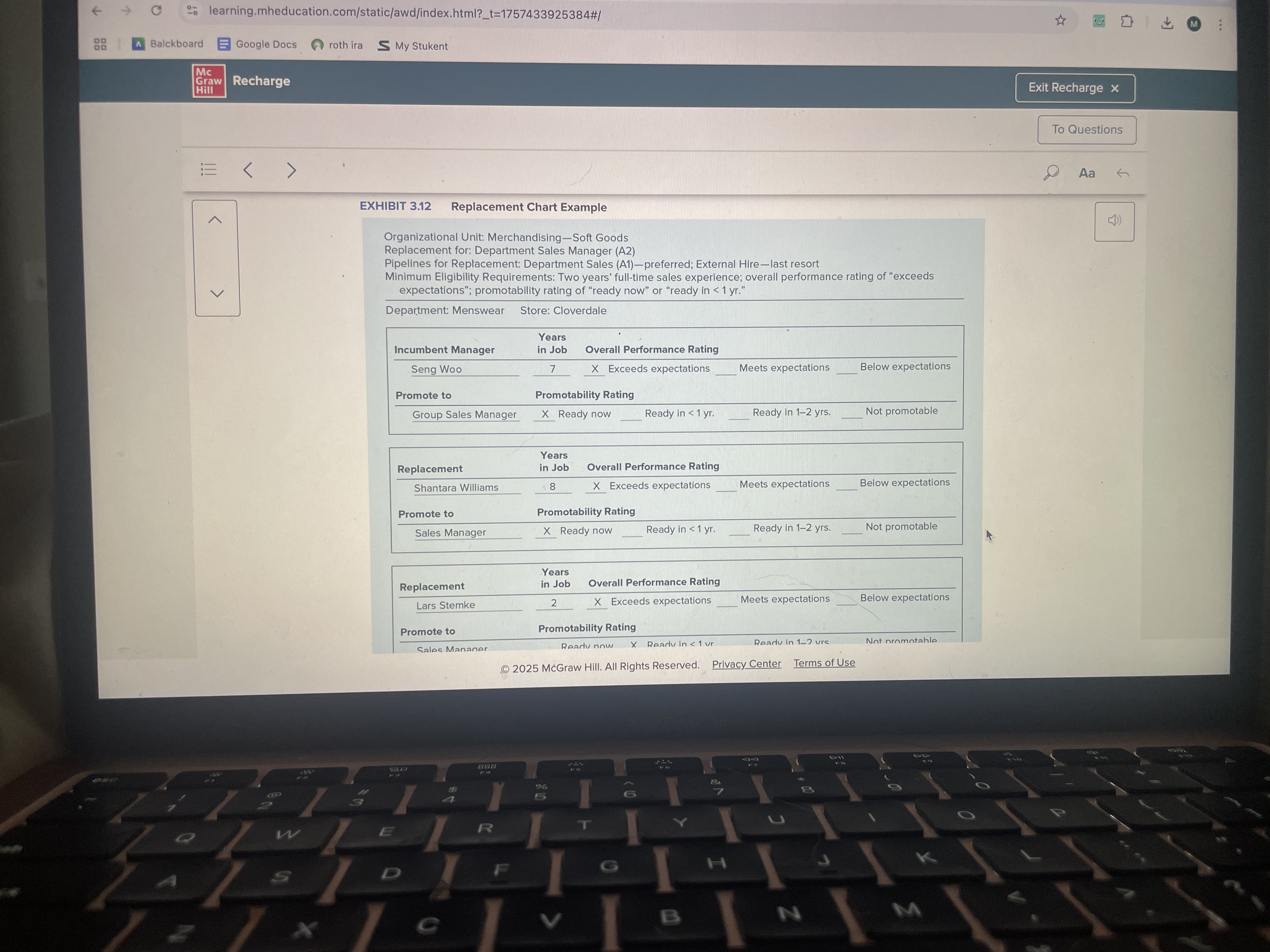 <p>focuses on identifying individual employees who will be considered for promotion and thoroughly</p><p>Page 128</p><p>assessing their current capabilities and deficiencies. Training and development plans to improve the fit between capabilities and requirements are also developed. The focus is thus on both the quantity and the quality of availability. The results of replacement planning are shown on a replacement chart, an example of which is shown in</p><p>I L Exhibit 3.12. The chart is based on the previous sales-customer</p><p>service unit in L$ Exhibit 3.8. The focus is on replacement planning for the sales manager (A2) from the ranks of sales associates (Al) as part of the organization's "grow your own," promotion-from-within HR strategy. The top part of the chart indicates the organizational unit and jobs covered by replacement planning, as well as the minimum criteria for promotion eligibility.</p>