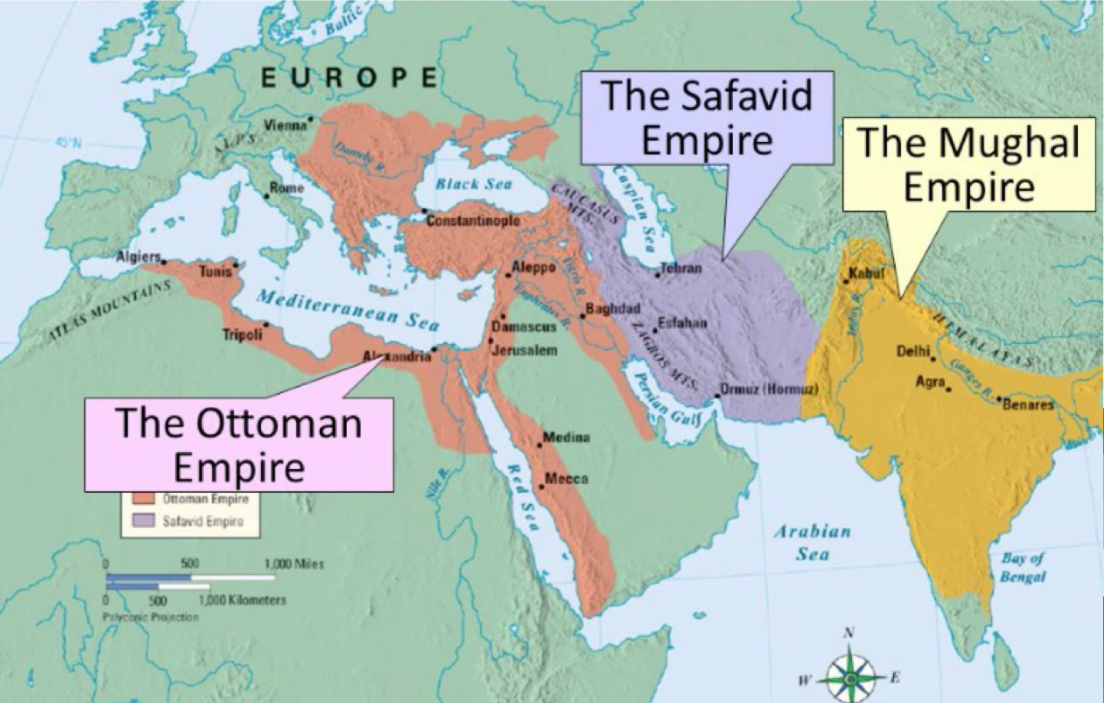 <ul><li><p>ottoman- southeast Europe, parts of North Africa and Middle East </p></li><li><p>Safavid- heart in Persia (Iran), mostly in Middle East </p></li><li><p>Mughal- India </p></li></ul>