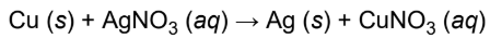 <p>an atom or ion in a compound is replaced by an atom or ion of another element; often redox</p><p>ex. solid copper metal will displace silver ions in a clear solution of silver nitrate to form a blue copper nitrate solution and solid silver metal</p>