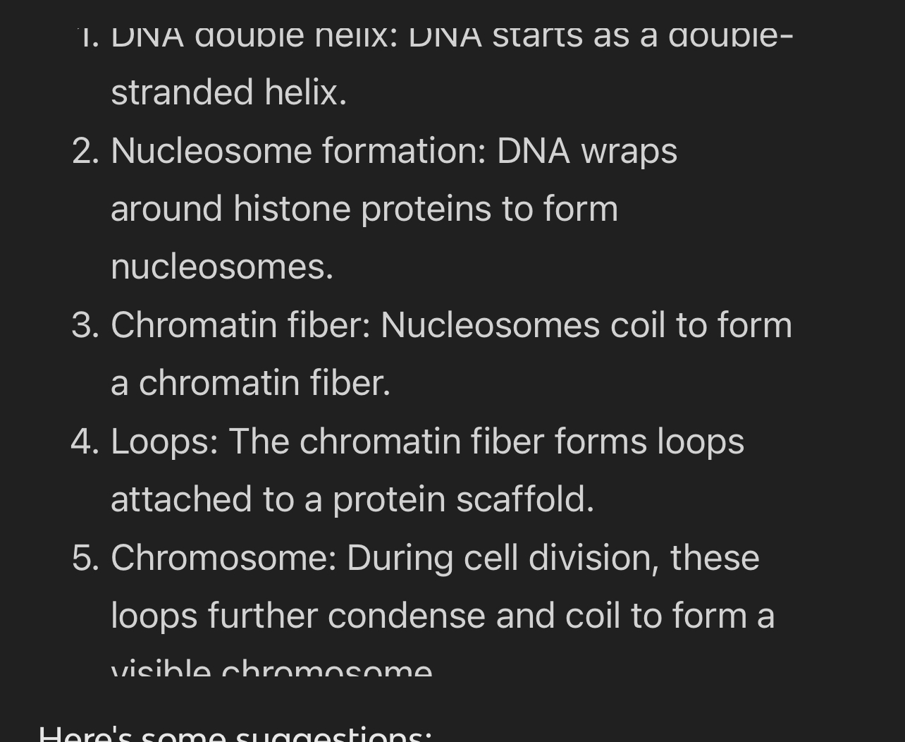 <p>DNA is tightly coiled and packaged around proteins called histones.</p>