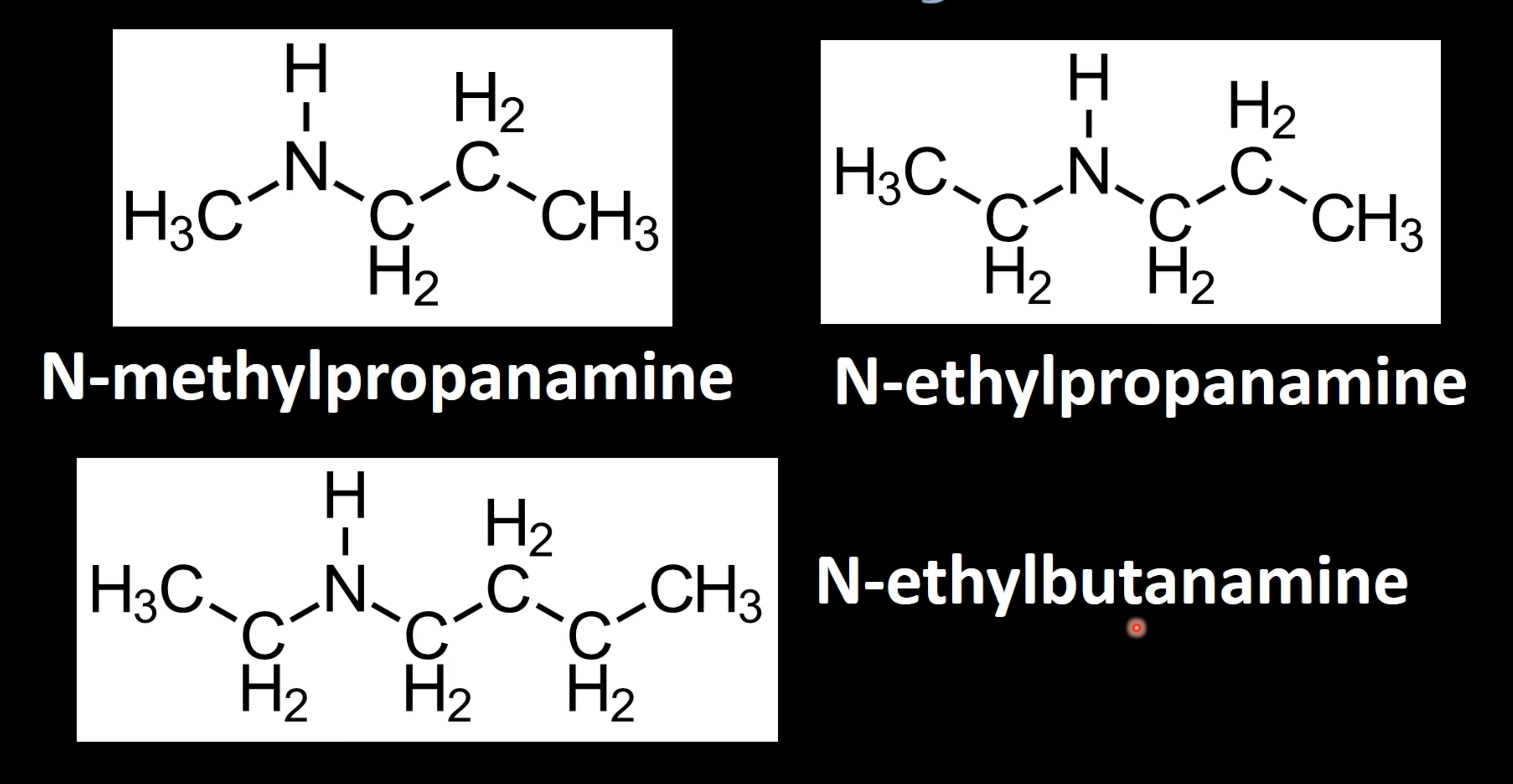 <p>Use uppercase 'N' to indicate alkyl group(s) attached to nitrogen</p><p>Name as 'N-alkyl parentamine' (e.g., N-methylpropylamine).</p>