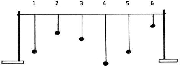 <ul><li><p><span>A number of pendulums are arranged as shown above.</span></p></li><li><p><span>Pendulum 1 is made swing in and out of the plane of the page.</span></p></li><li><p><span>All the pendulums start to swing a little but pendulum 5 swings most.</span></p></li><li><p><span>Pendulums 1 and 5 have the same length and therefore the same natural frequency.</span></p></li><li><p><span>Energy is transferred back and forth between the pendulums of the same natural frequency.</span></p></li></ul>